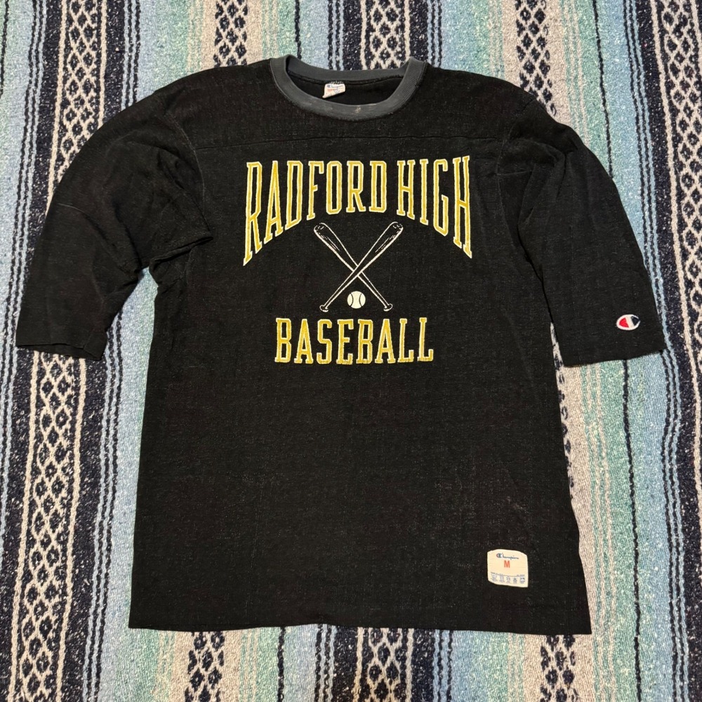 Vintage Champion Radford High Baseball Jersey Shirt Black 3/4 Sleeve Mens Medium